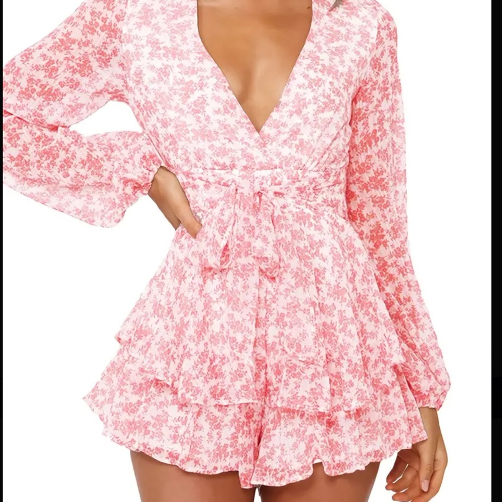 Pink and white floral ruffle hem romper